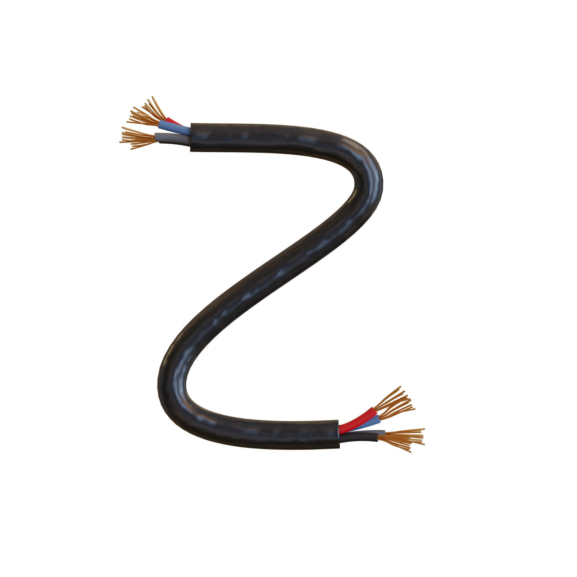 Câble électrique noir en forme de S avec des extrémités de fils colorés.
