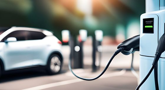 Voiture électrique en charge à une station, avec une voiture électrique blanche en arrière-plan.