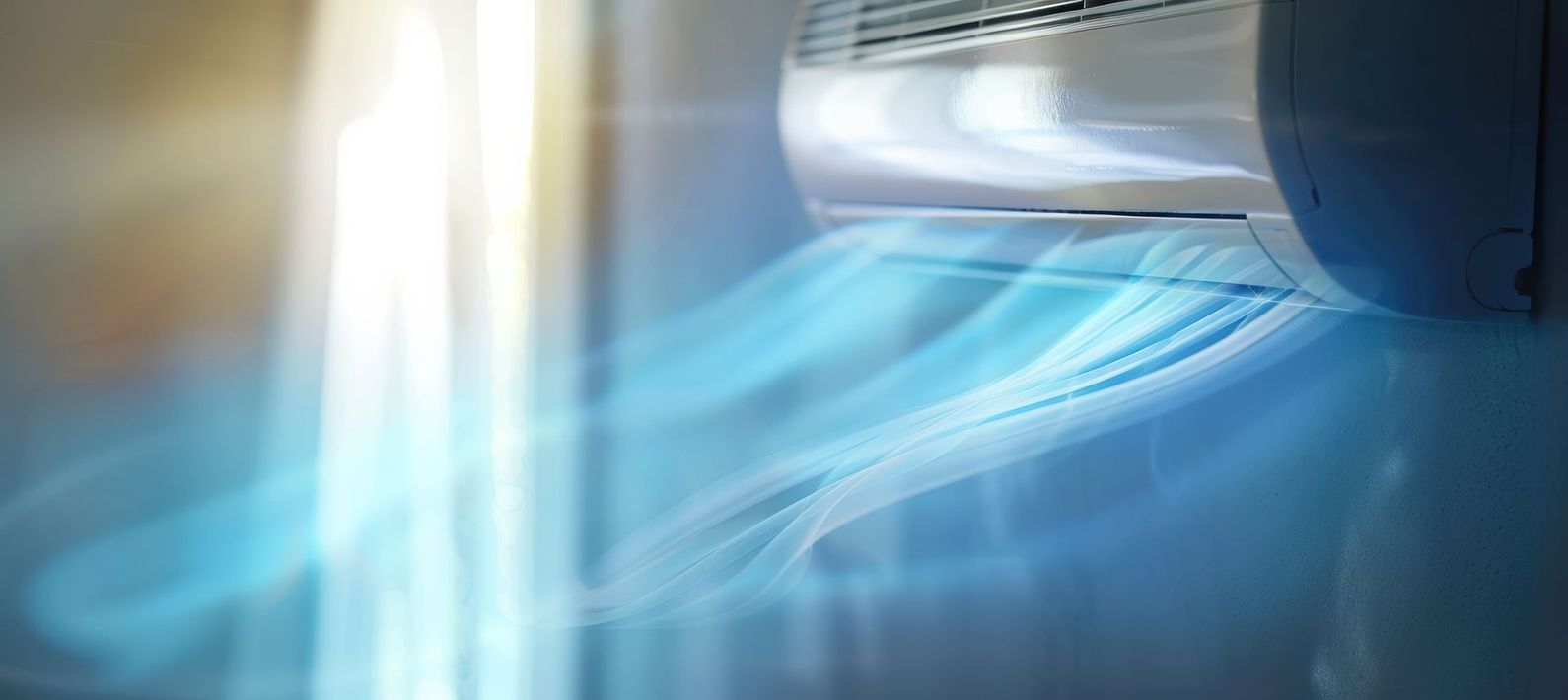 Climatiseur mural soufflant de l'air bleu frais dans une pièce lumineuse