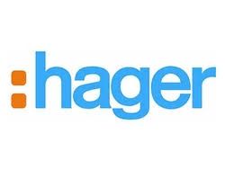 Logo Hager avec texte bleu en minuscules et deux carrés orange.