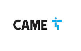 Logo CAME avec texte noir et forme géométrique bleue.