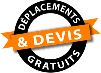 Timbre rouge DEVIS avec l’inscription GRATUIT dans un badge circulaire sur fond blanc.