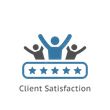 Badge bleu Satisfaction Clients avec pouce levé et cinq étoiles.