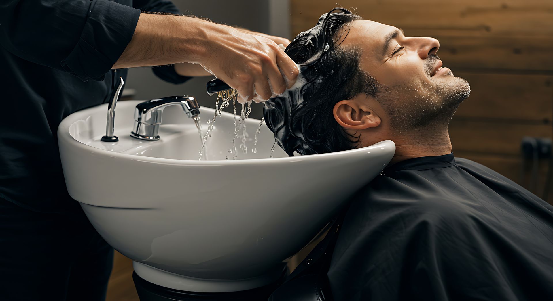 Friseurin schneidet langes blondes Haar mit Schere und Kamm im Salon