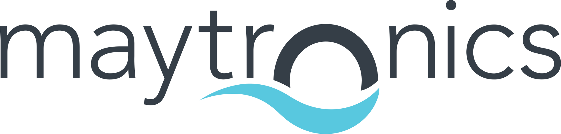 Logo Maytronics : texte et design gris foncé et bleu sarcelle.