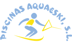 Un logotipo azul y amarillo para piscinas aquaeski