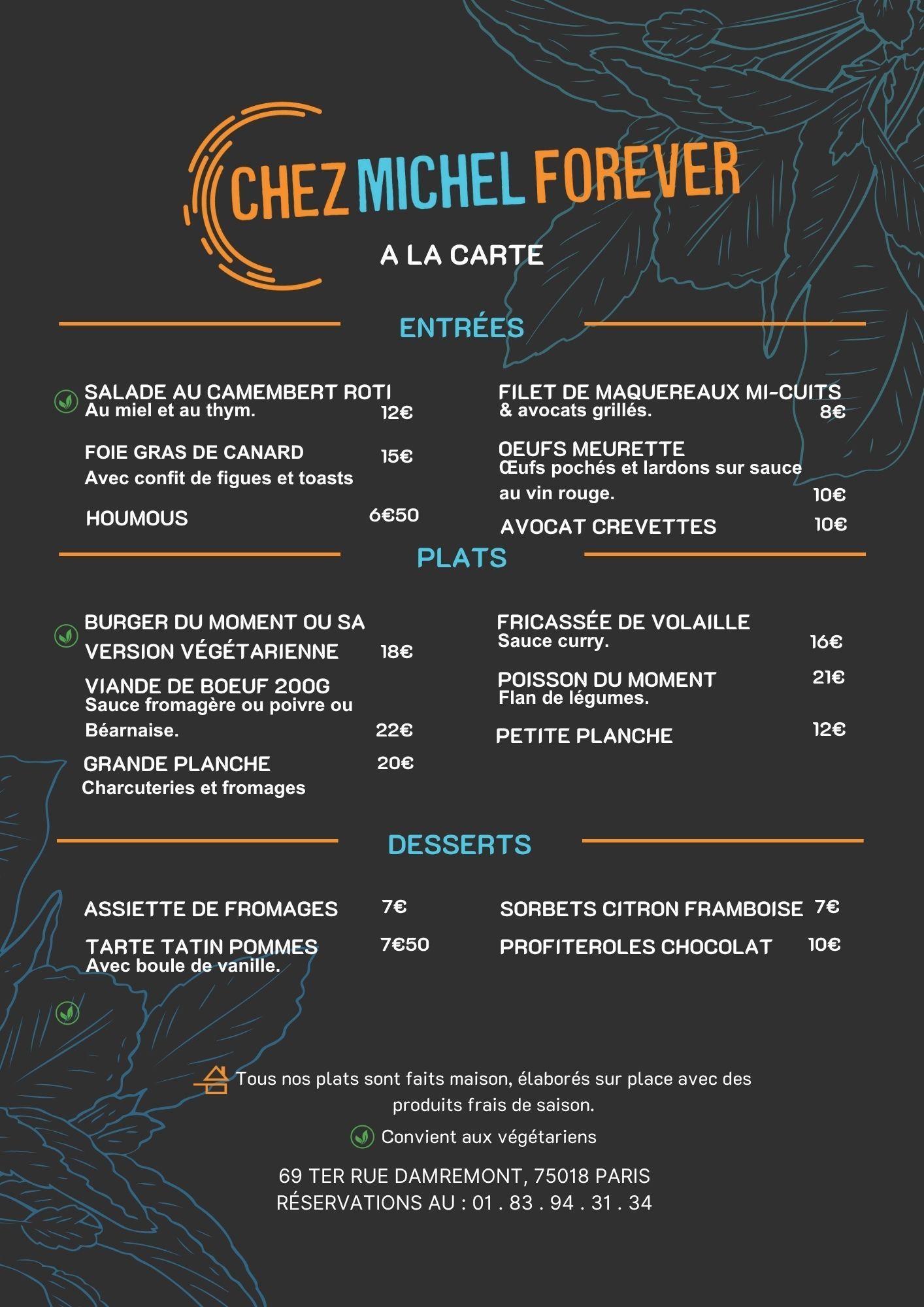 Carte dîner et samedi déjeuner