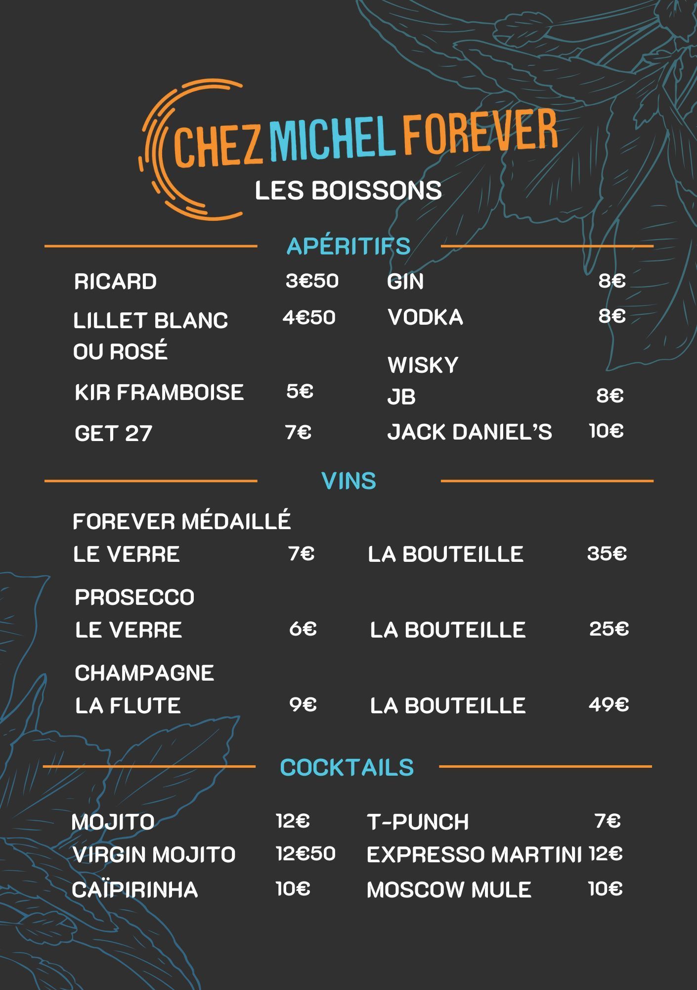 Carte des boissons recto