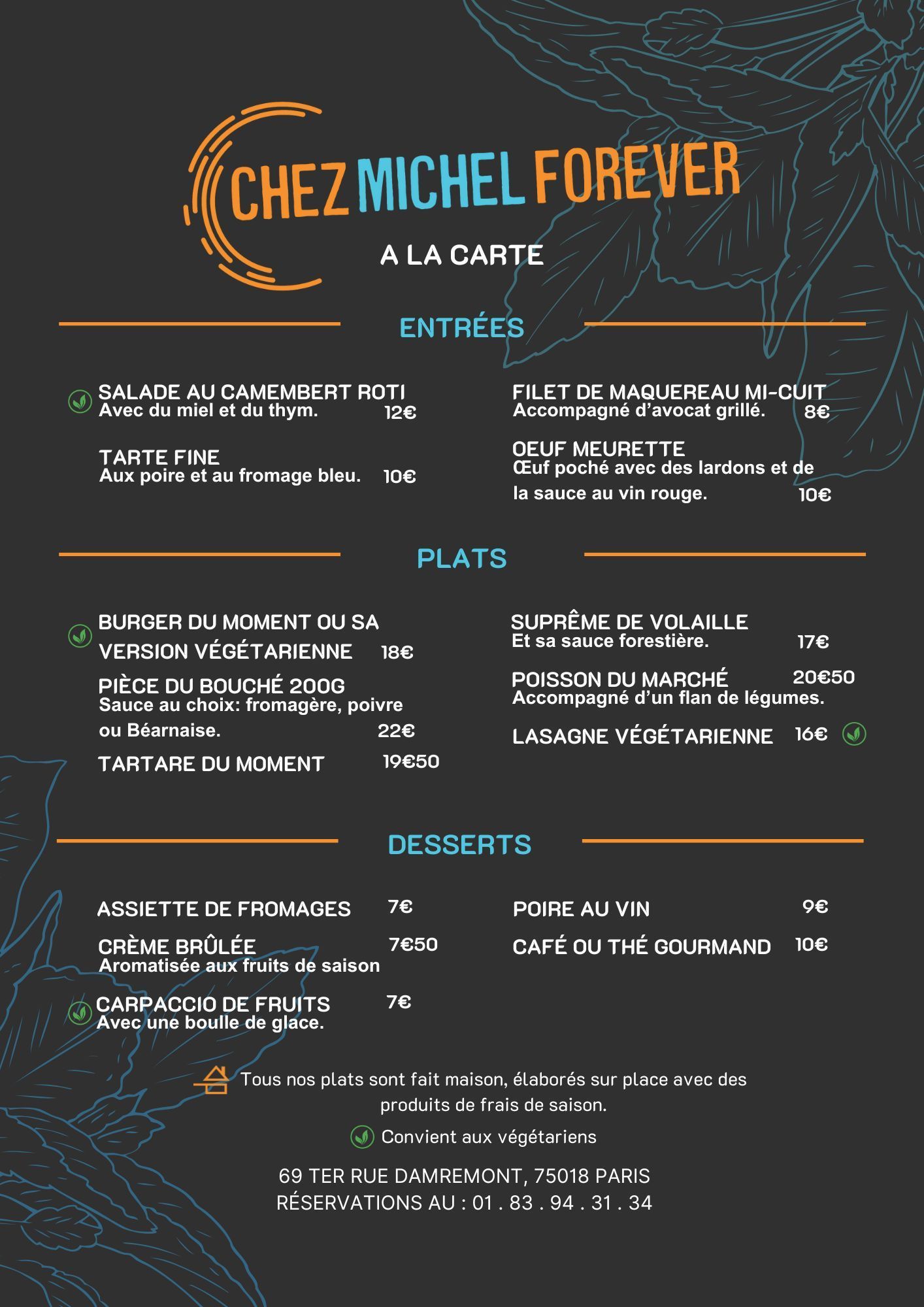 Carte dîner et samedi déjeuner