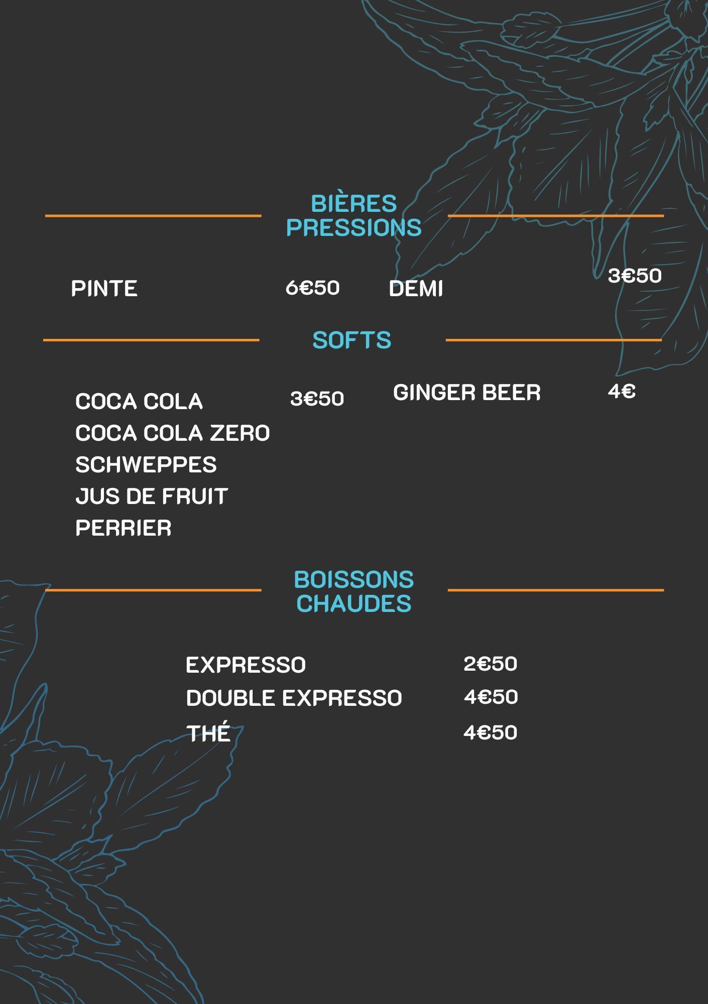 Carte des boissons verso