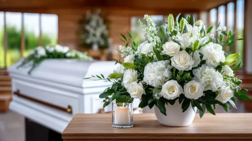 Ataúd blanco con arreglos florales blancos en una capilla funeraria luminosa