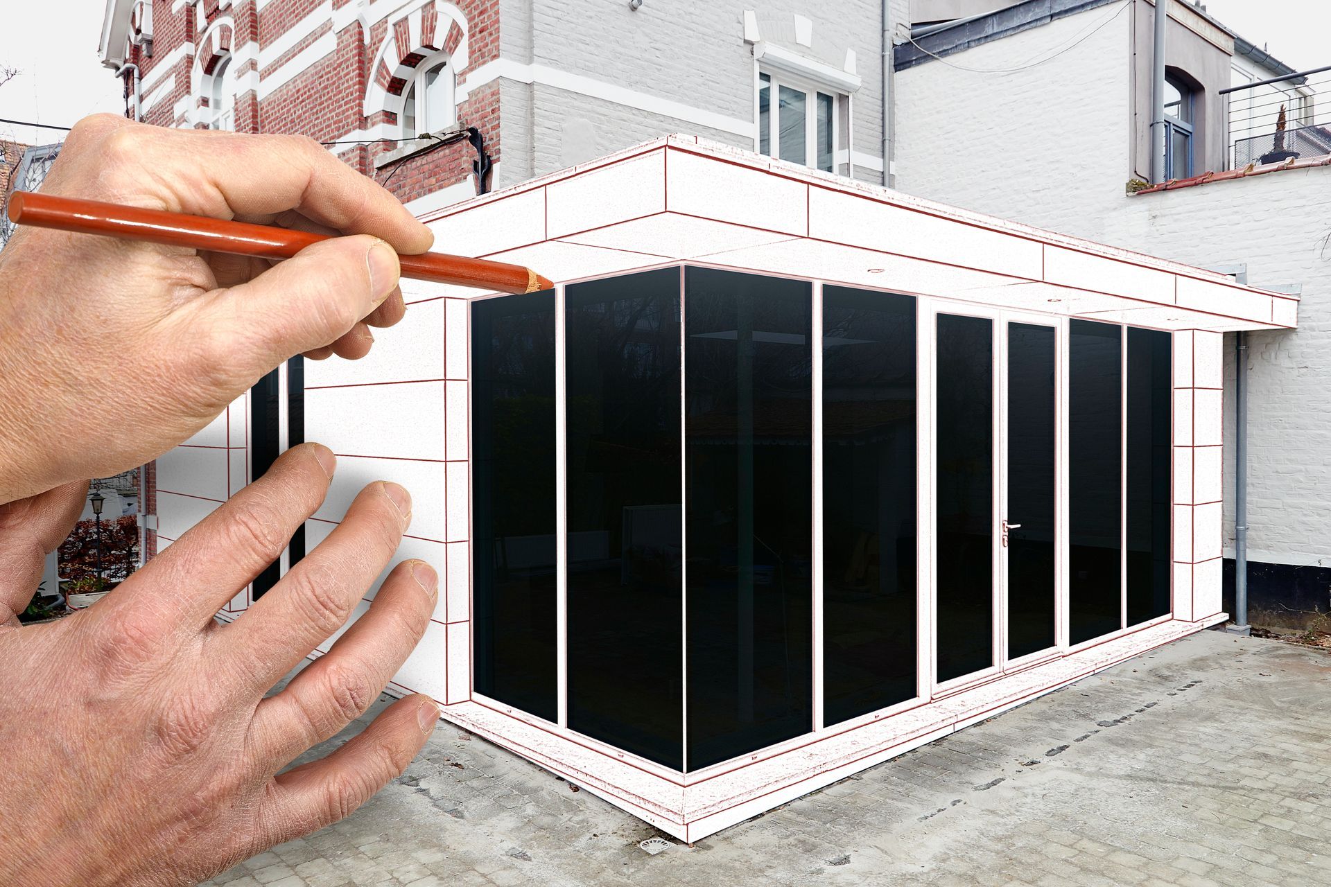 Dessin à la main, au crayon, d'une structure moderne aux parois de verre rattachée à un bâtiment.