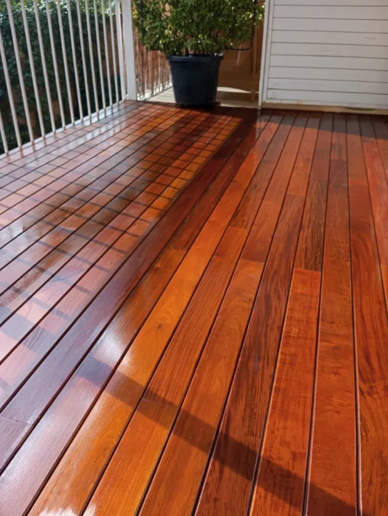 Una terraza de madera con una planta en maceta encima