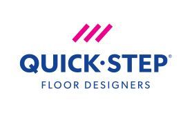 El logotipo de Quick Step Floor Designers es azul y rosa.