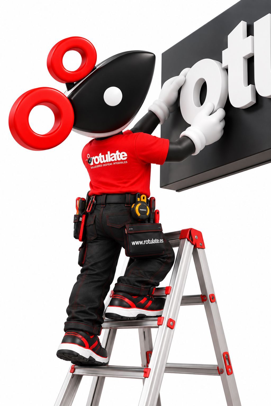 Una mascota roja y negra, subida a una escalera, colocando un letrero con un logotipo en la pared