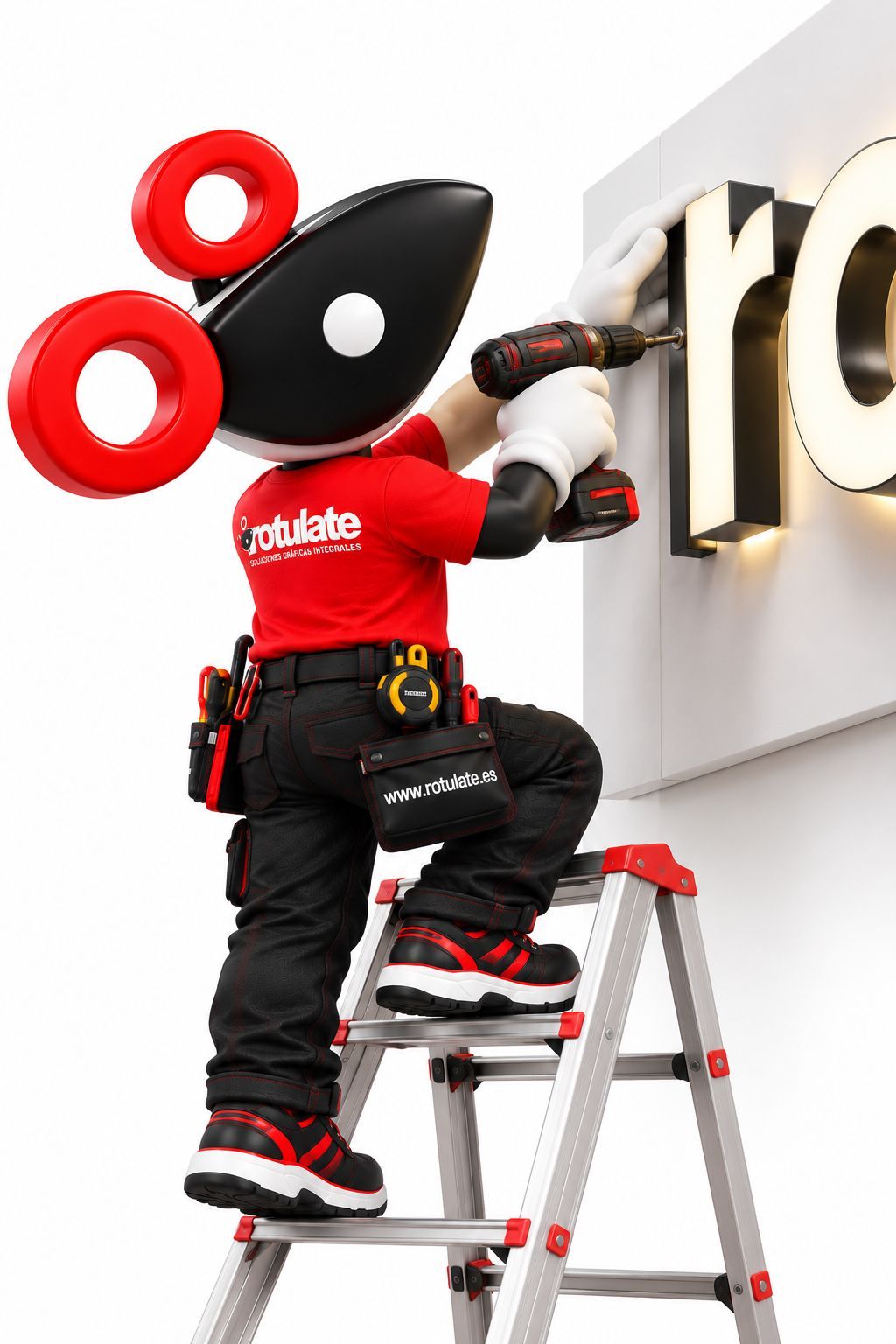 Una persona con uniforme rojo y negro sube una escalera mientras instala letras iluminadas en una pared.