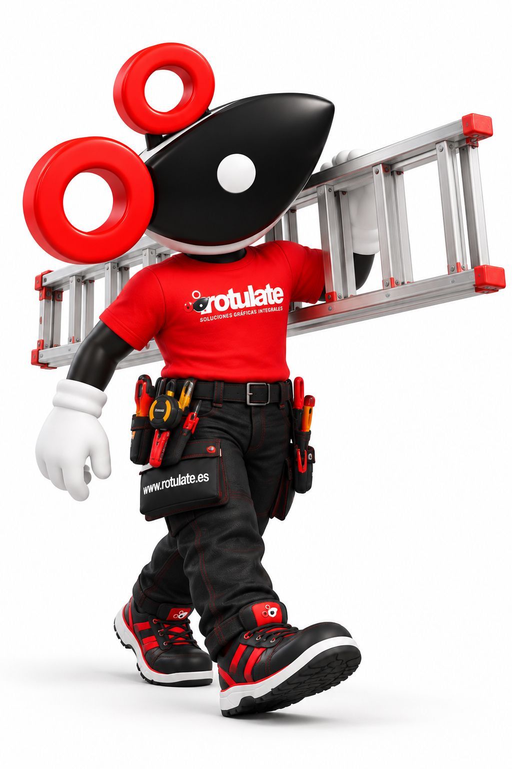Mascota con camiseta roja, cargando una escalera y un cinturón de herramientas, con unas gafas protectoras negras extragrandes y protectores auditivos rojos
