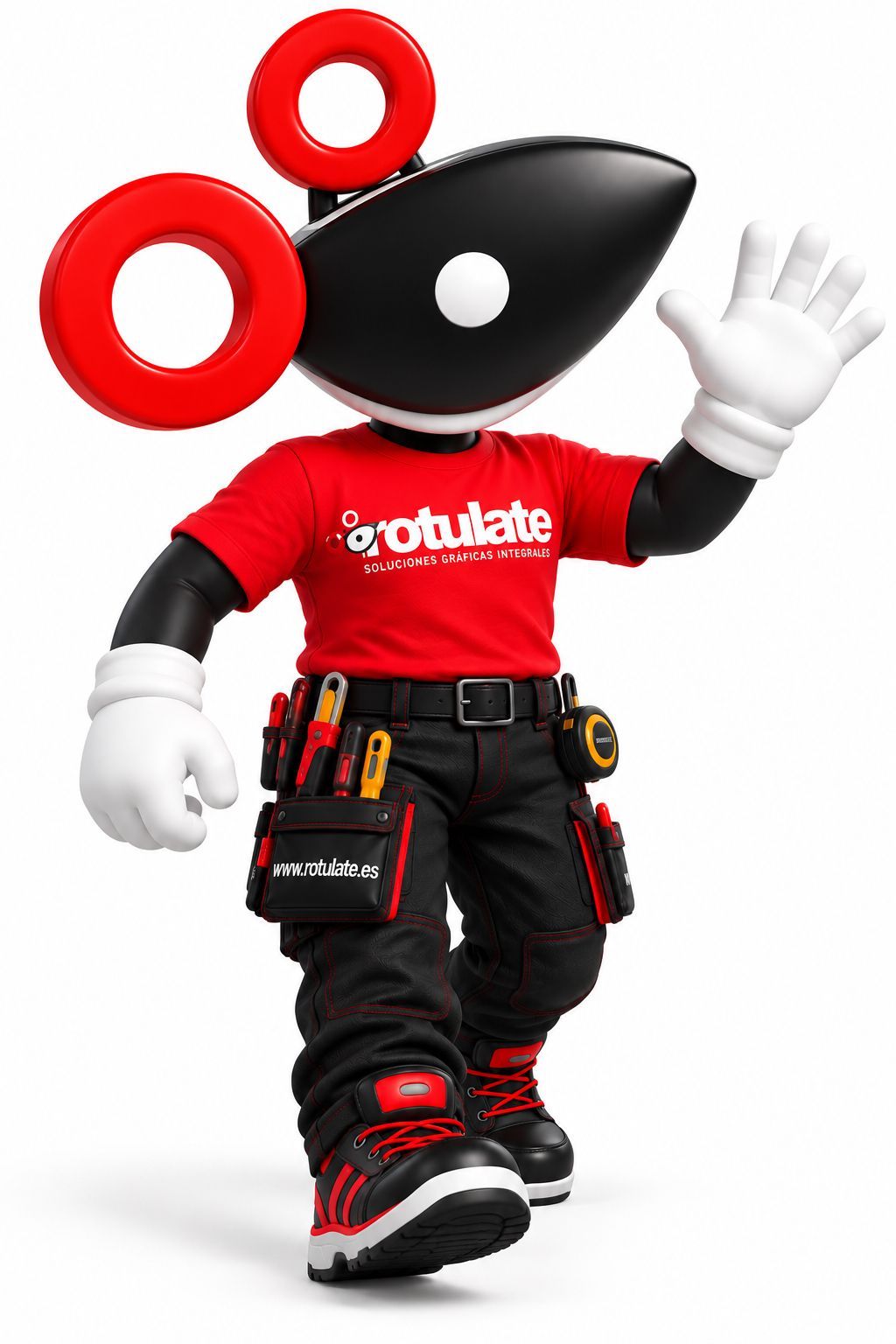 Una mascota con camiseta roja y pantalones negros que saluda con la mano, con orejas rojas en forma de aro y un guante blanco, sobre un fondo blanco