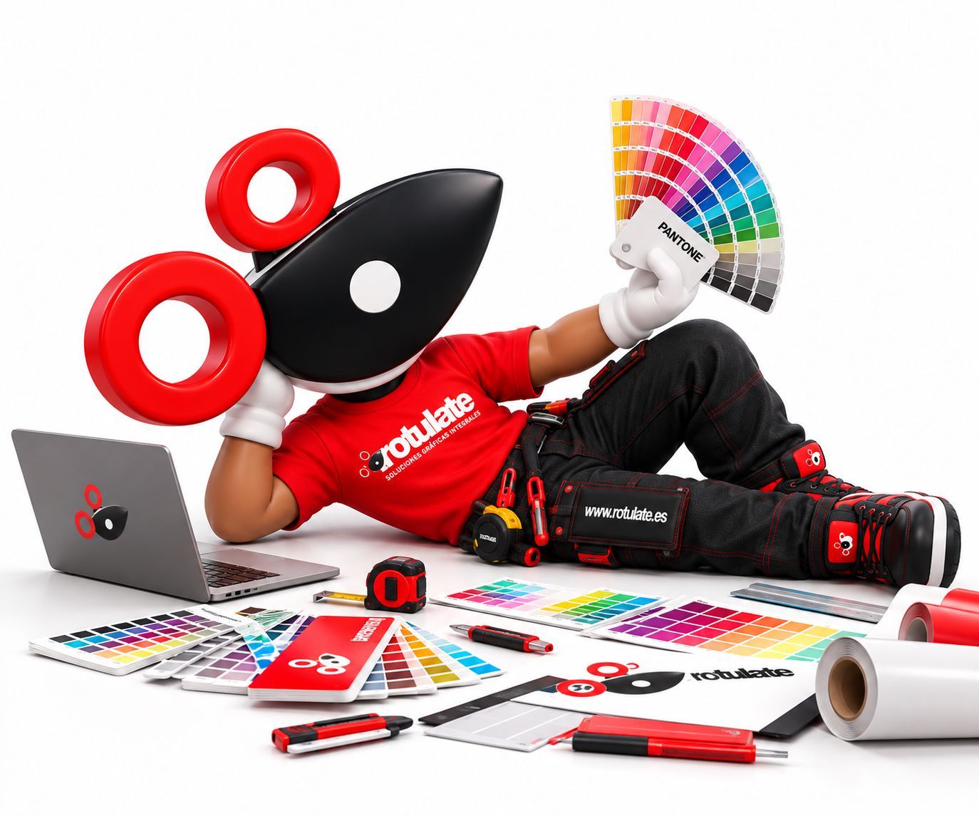 Collage de un personaje de dibujos animados rojo y negro en distintas poses y escenas, con embalajes y accesorios de juguete