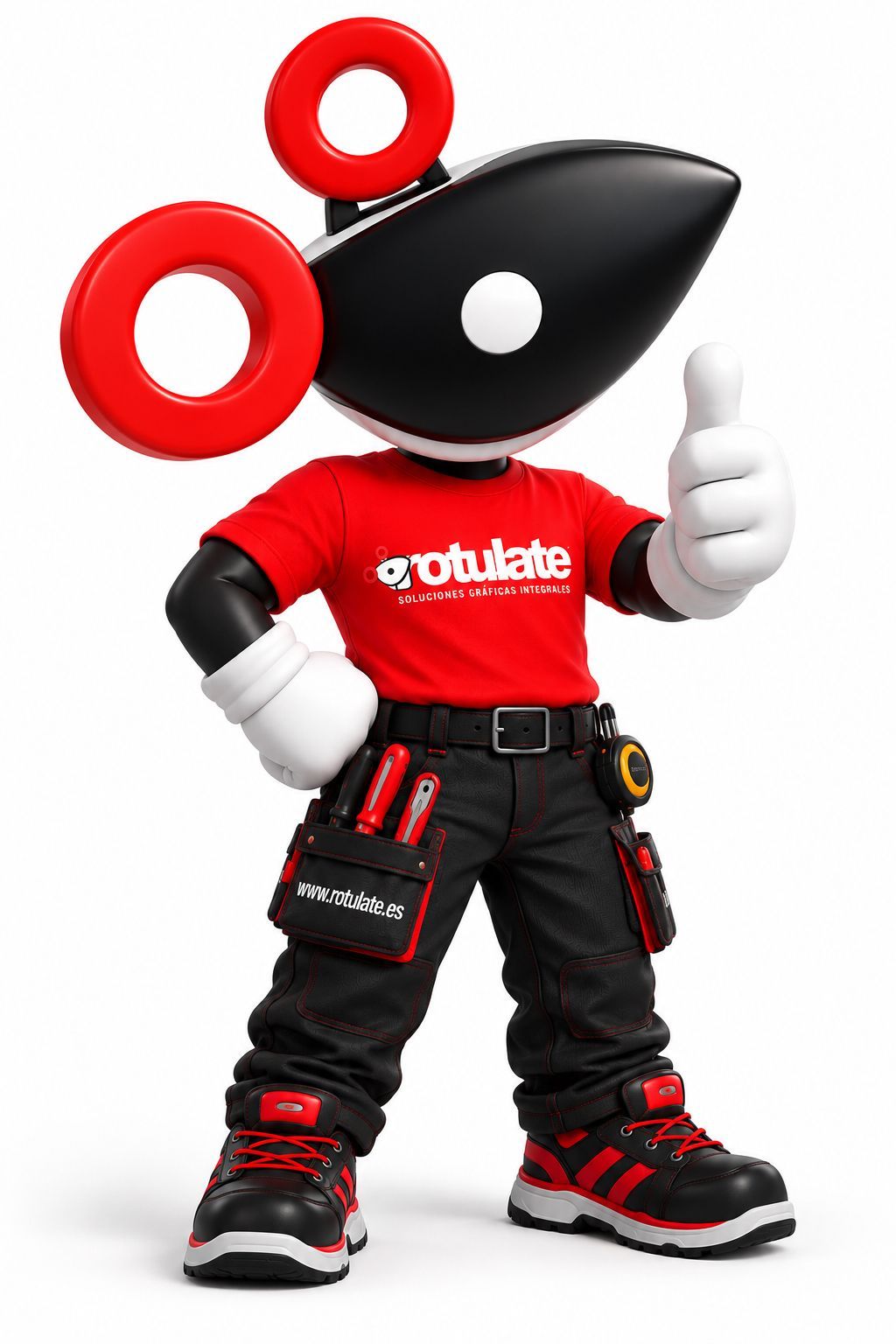 Mascota de dibujos animados de un techador, con camiseta roja y pantalones negros, que lleva una escalera al hombro