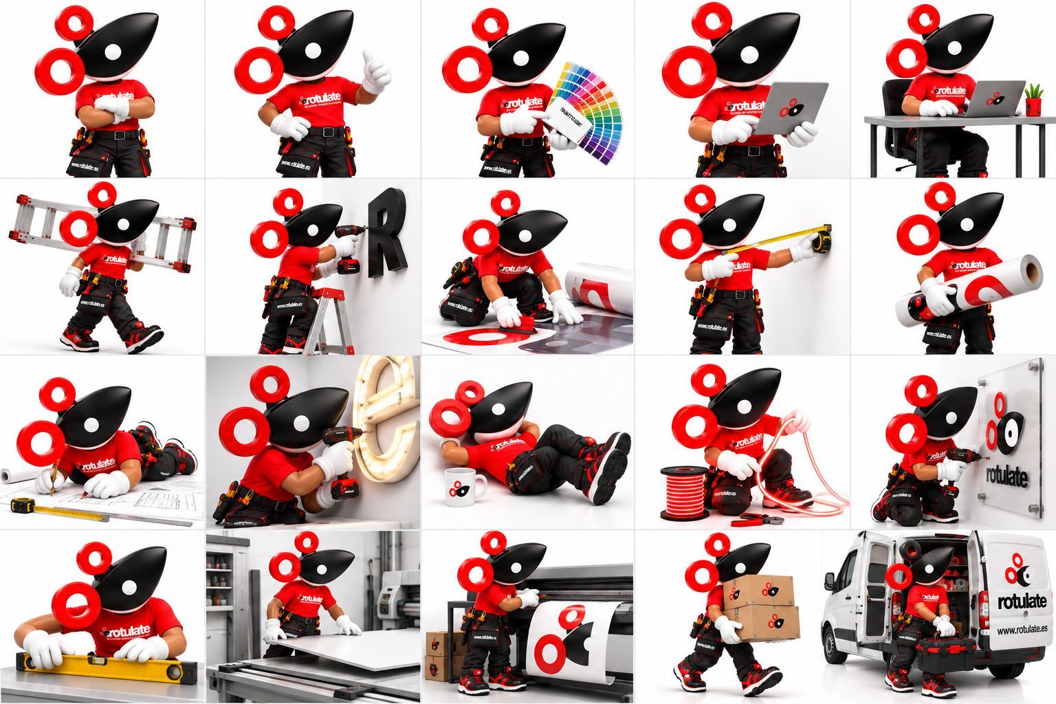Collage de un robot de juguete negro y rojo en distintas poses, con accesorios y objetos