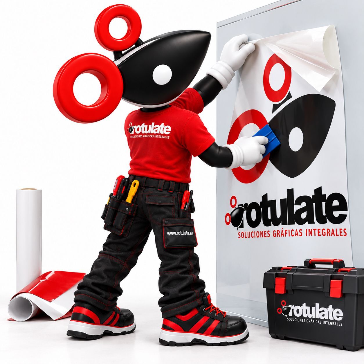Una mascota con camiseta roja y pantalones negros coloca una pegatina con un logotipo en un panel blanco, con herramientas cerca