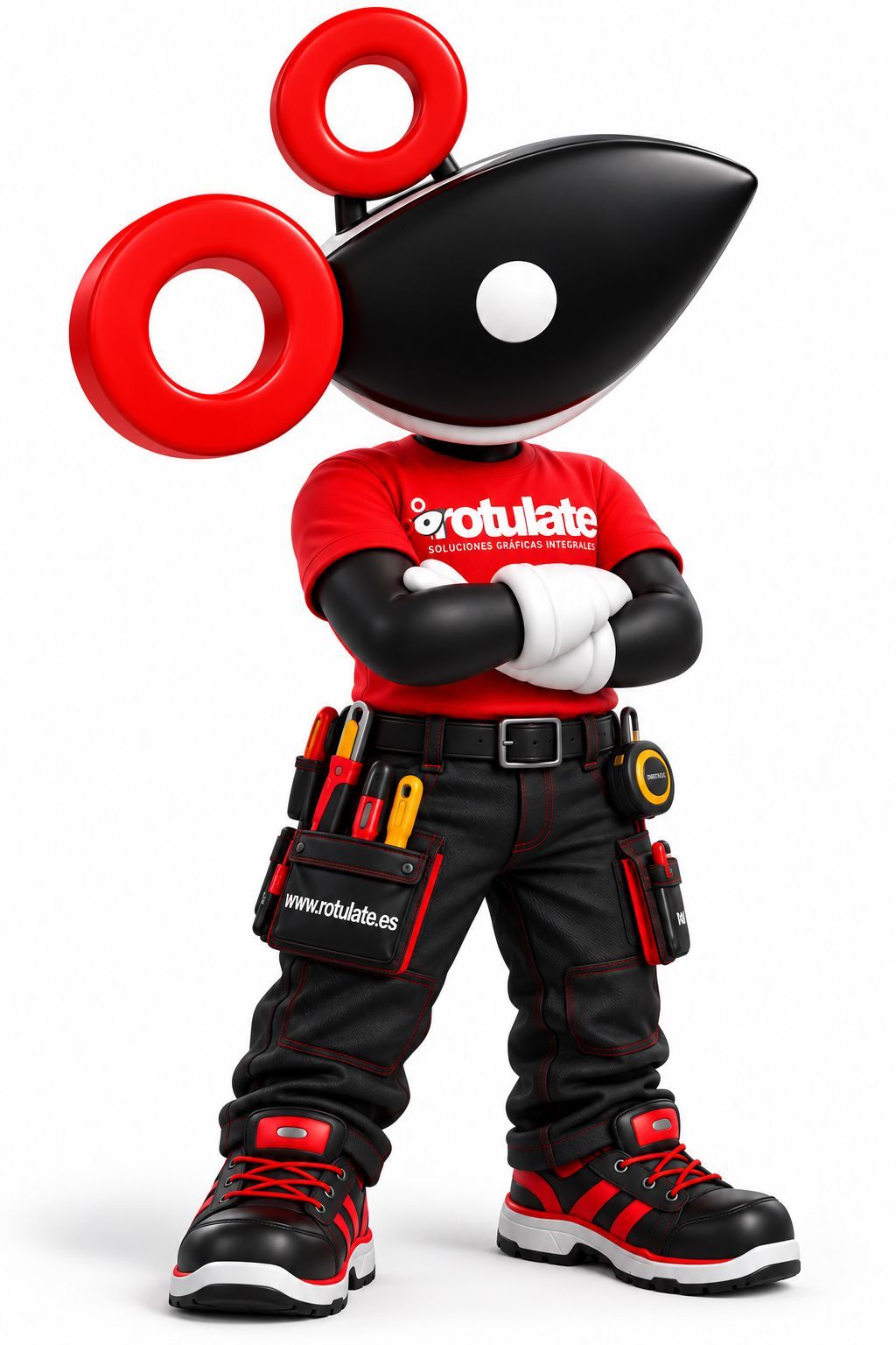 Mascota estilizada en negro y rojo, con la cabeza desproporcionadamente grande, detalles circulares rojos y pantalones de trabajo negros, de pie con los brazos cruzados