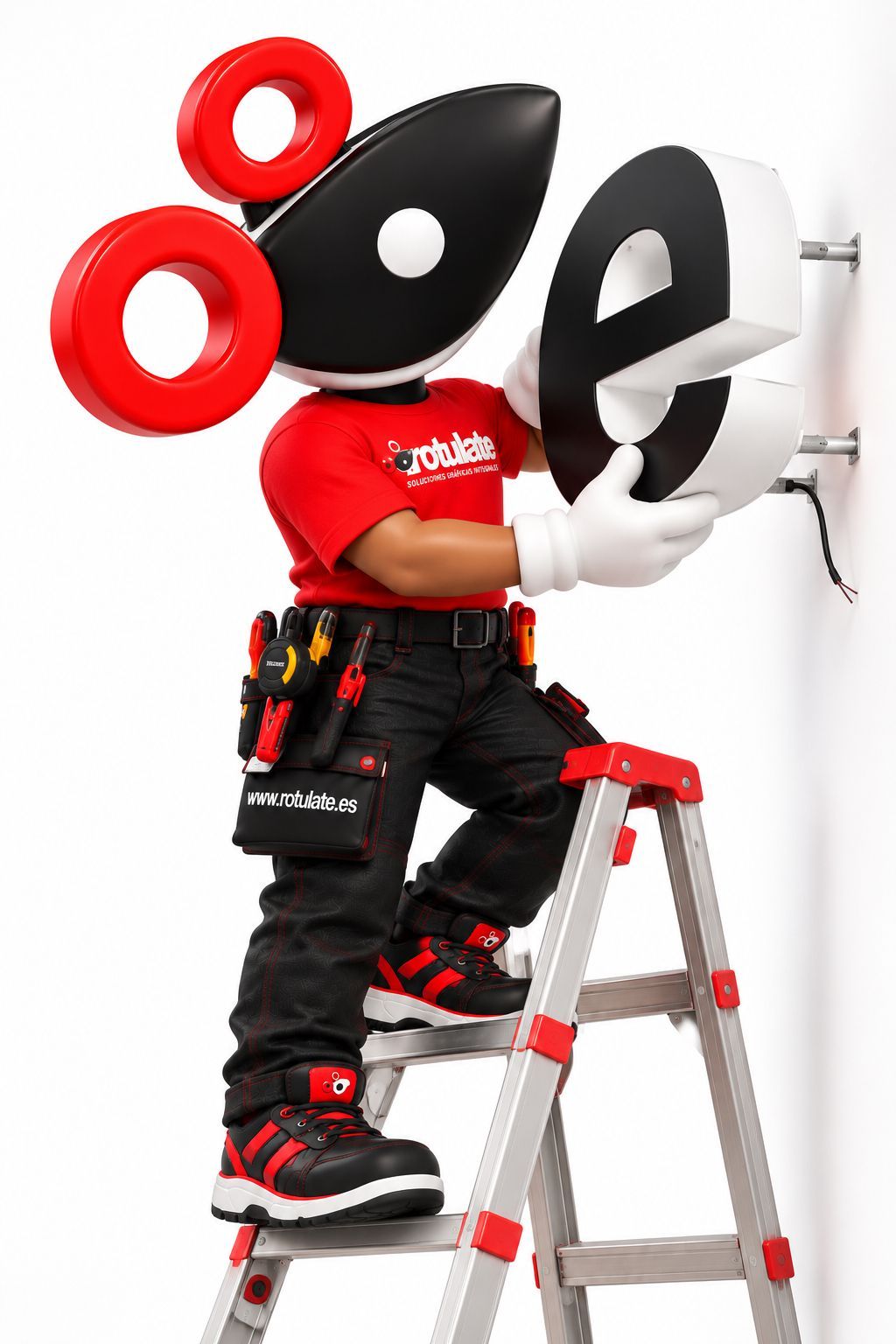 Un trabajador en una escalera instalando letras grandes negras y rojas en una pared blanca