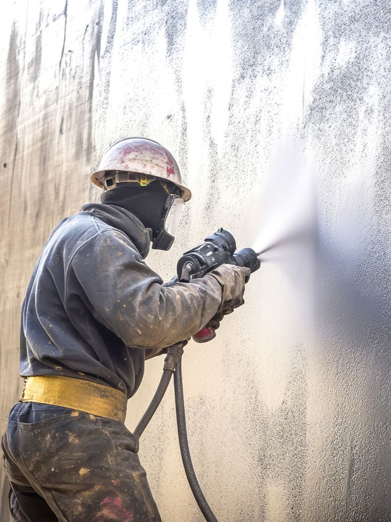 Une personne portant un équipement de protection pulvérise un jet à haute pression.