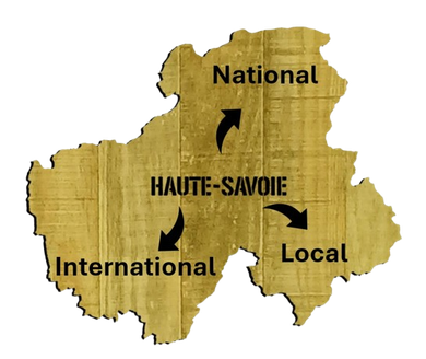 Carte de la région Haute-Savoie avec une flèche vers le haut pour le national, flèche vers le bas pour le local et flèche vers la gauche pour l'Internationnal.