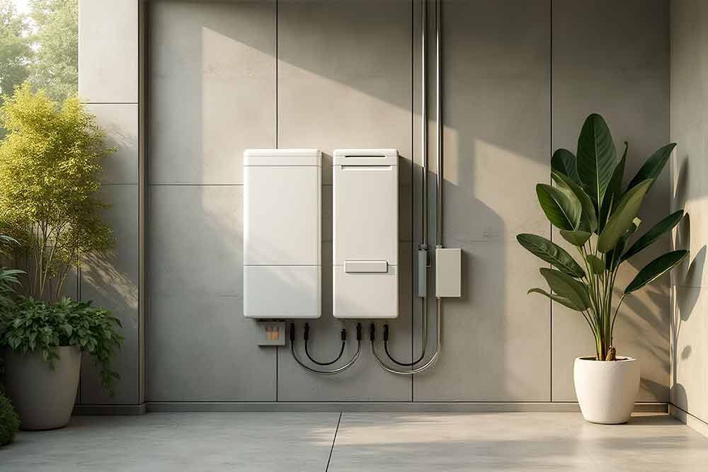 Eine Darstellung eines Solarpanels an einer Wand neben einer Topfpflanze.