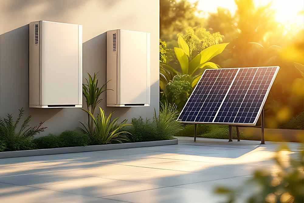 An der Seite eines Gebäudes befindet sich ein Solarpanel.