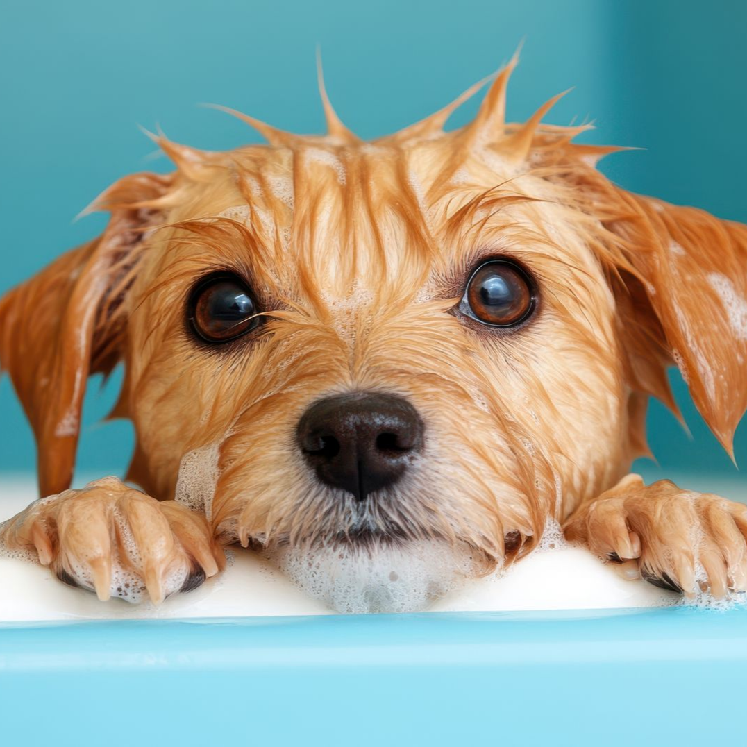 Petit chien mouillé qui regarde par-dessus une baignoire bleue, les pattes sur le bord, en regardant l'objectif.