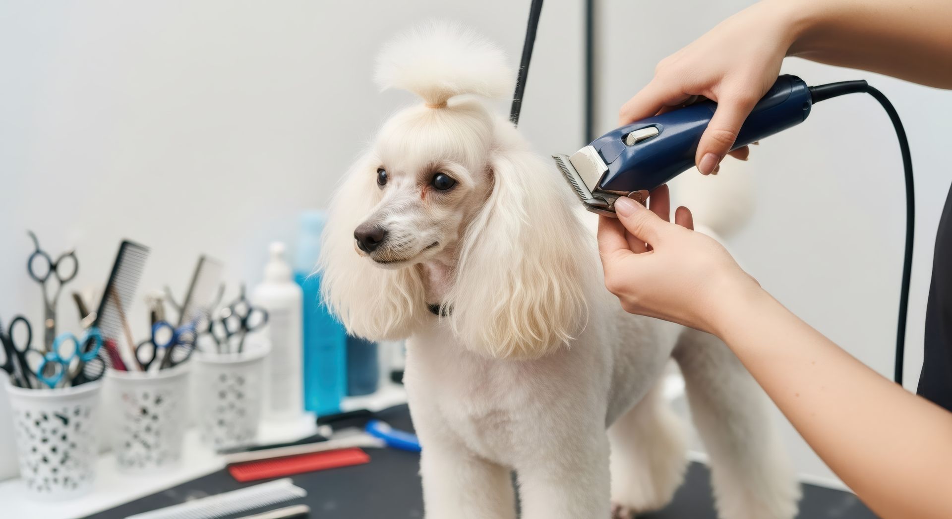 Un petit caniche blanc est toiletté à la tondeuse sur une table de salon de toilettage, avec des outils de toilettage à proximité.