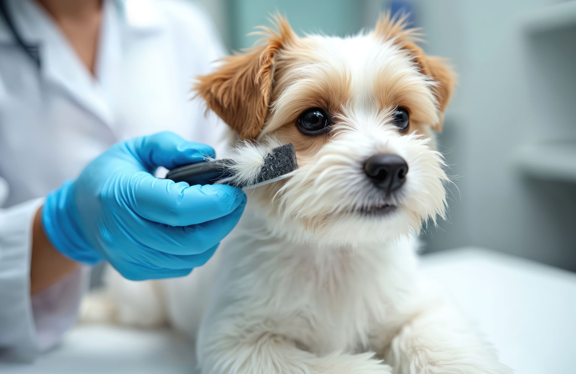 Un chiot blanc et marron est toiletté par des mains gantées de bleu dans un environnement clinique lumineux.