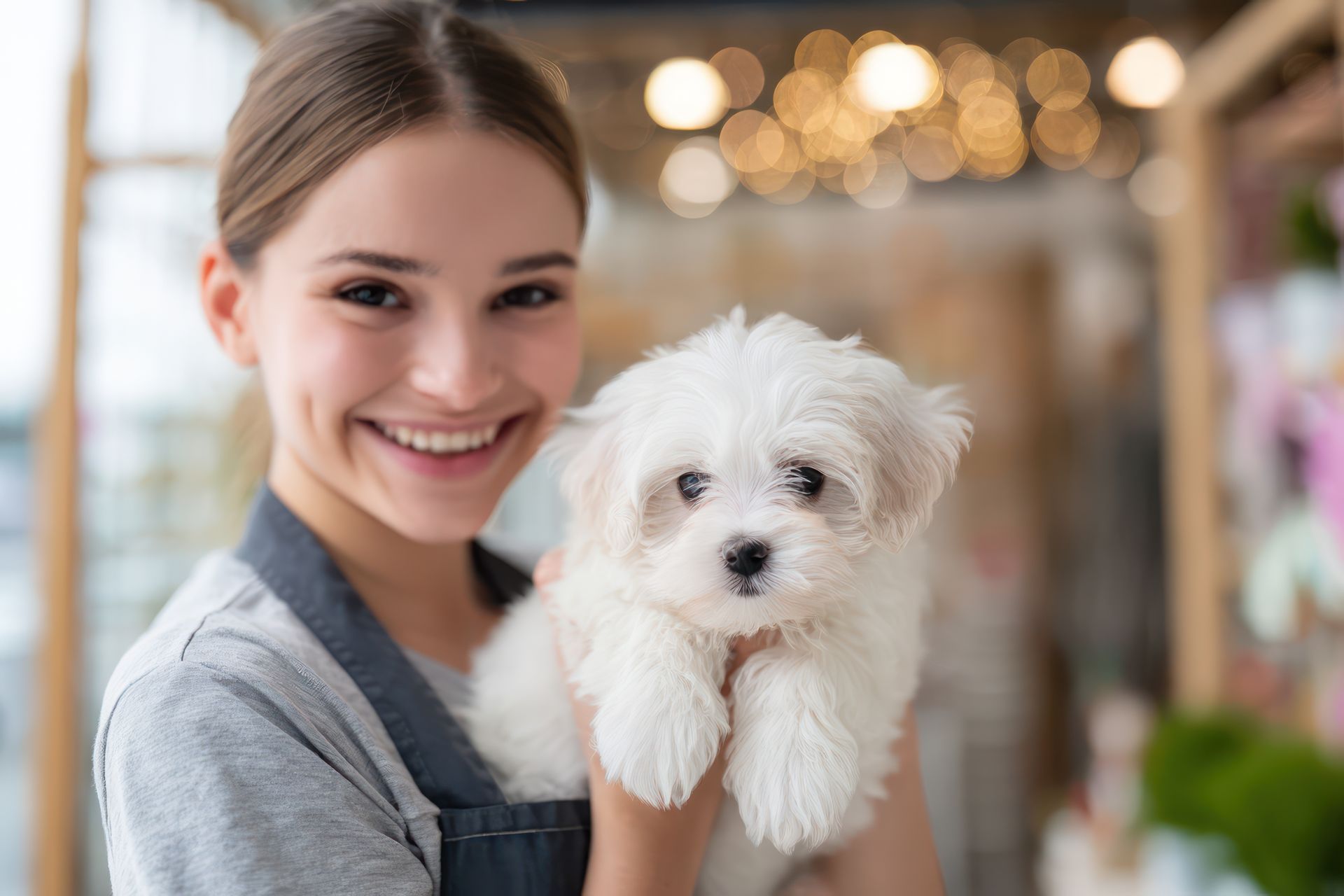 Une femme tenant un adorable petit chiot blanc duveteux à l'intérieur, tous deux face à la caméra et souriants.