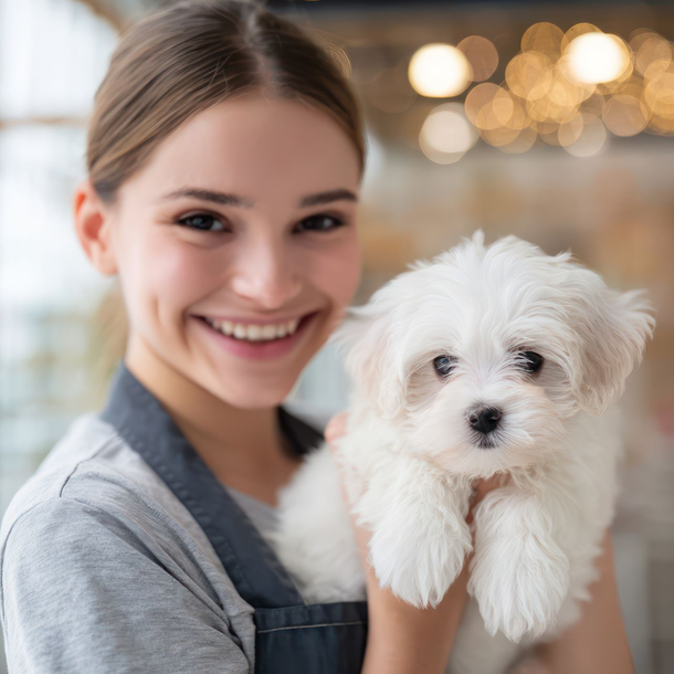 Une femme souriante tenant un adorable chiot blanc duveteux à l'intérieur, avec une douce lumière bokeh en arrière-plan.