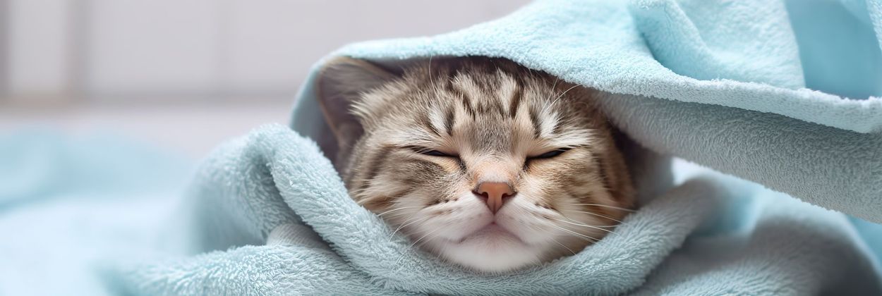 Chat tigré endormi enveloppé dans une couverture bleu clair