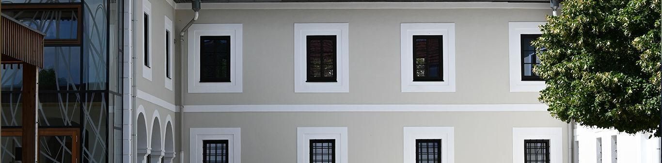 Ein großes weißes Gebäude mit schwarzen Fenstern und einem Baum davor.