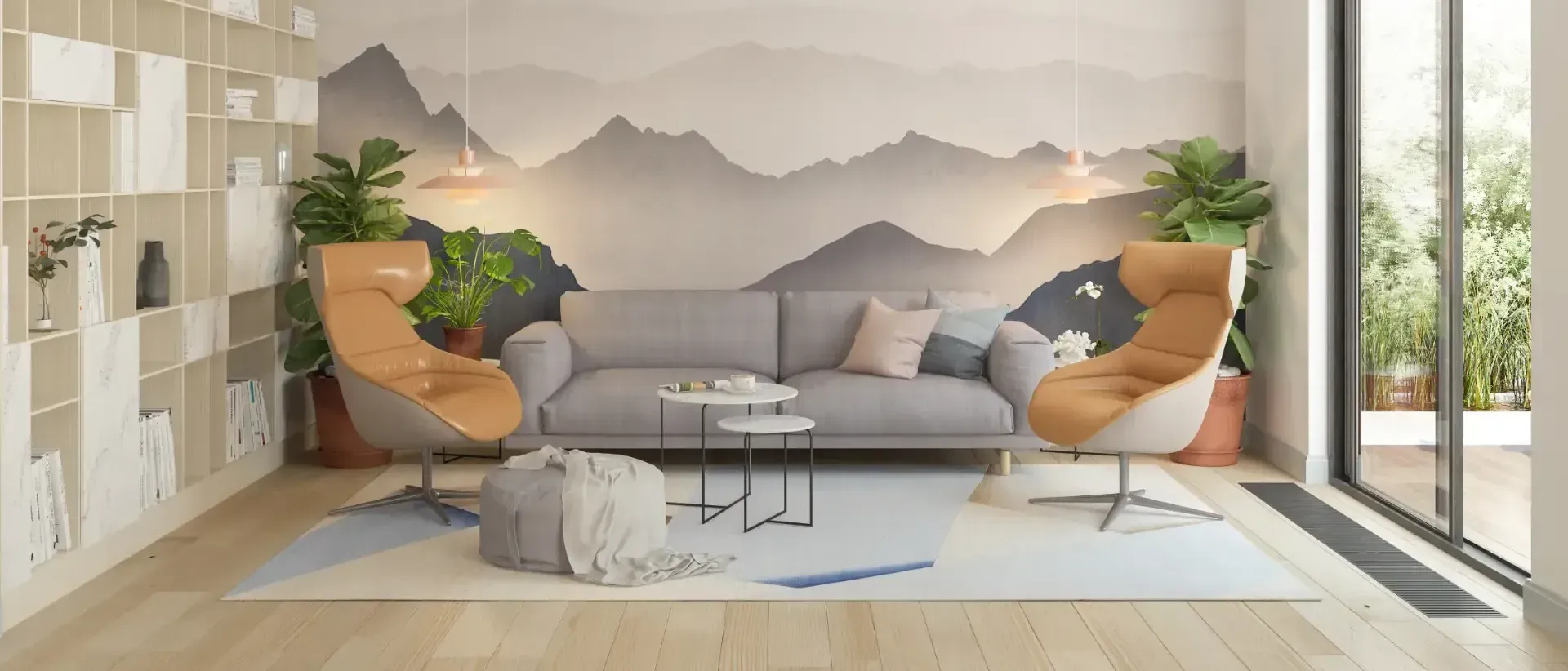 Ein Wohnzimmer mit Sofa, Stühlen und einem großen Fenster.