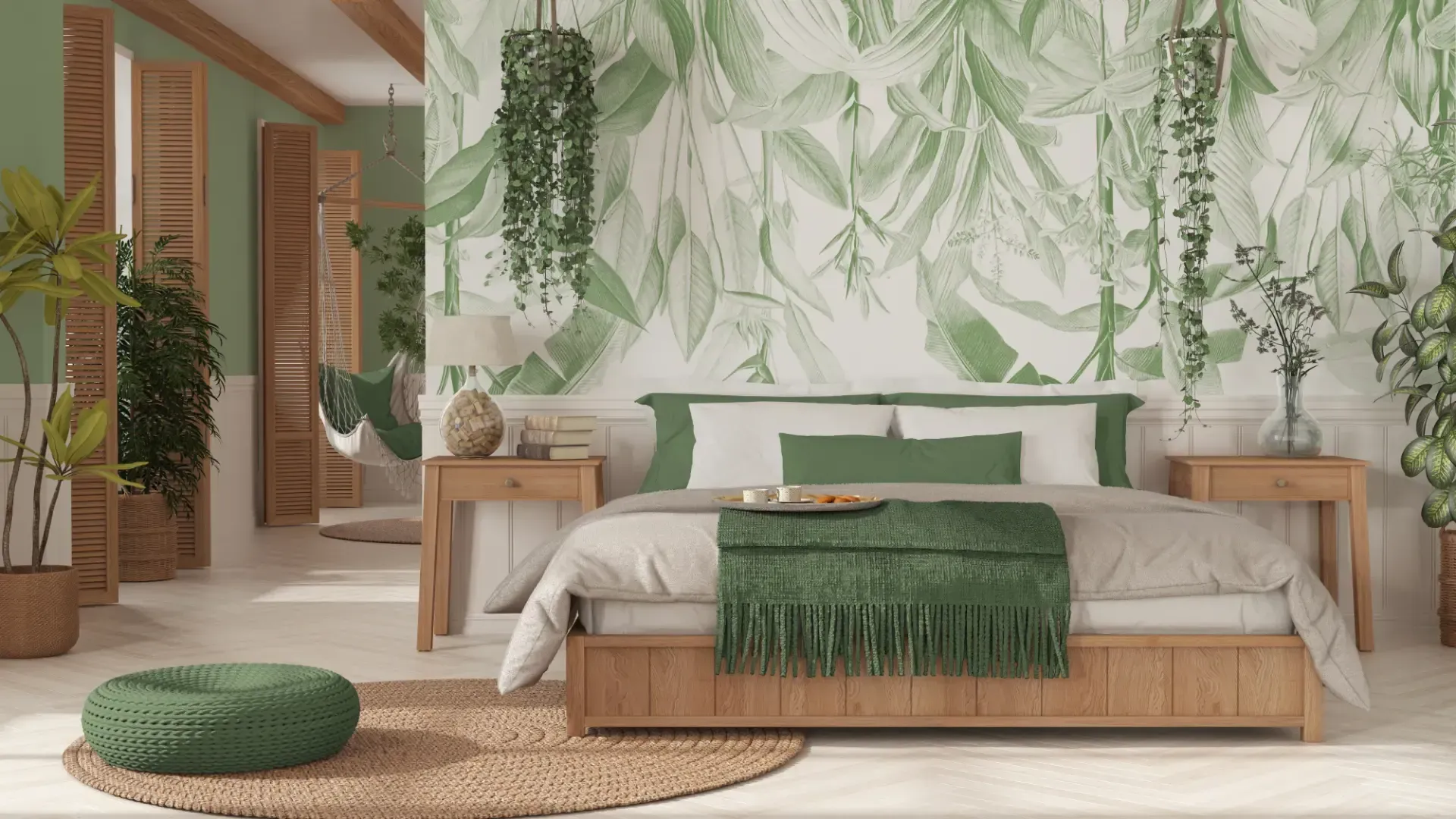 Ein Schlafzimmer mit einem Bett, Nachttischen, Pflanzen und einem grünen Wandbild.