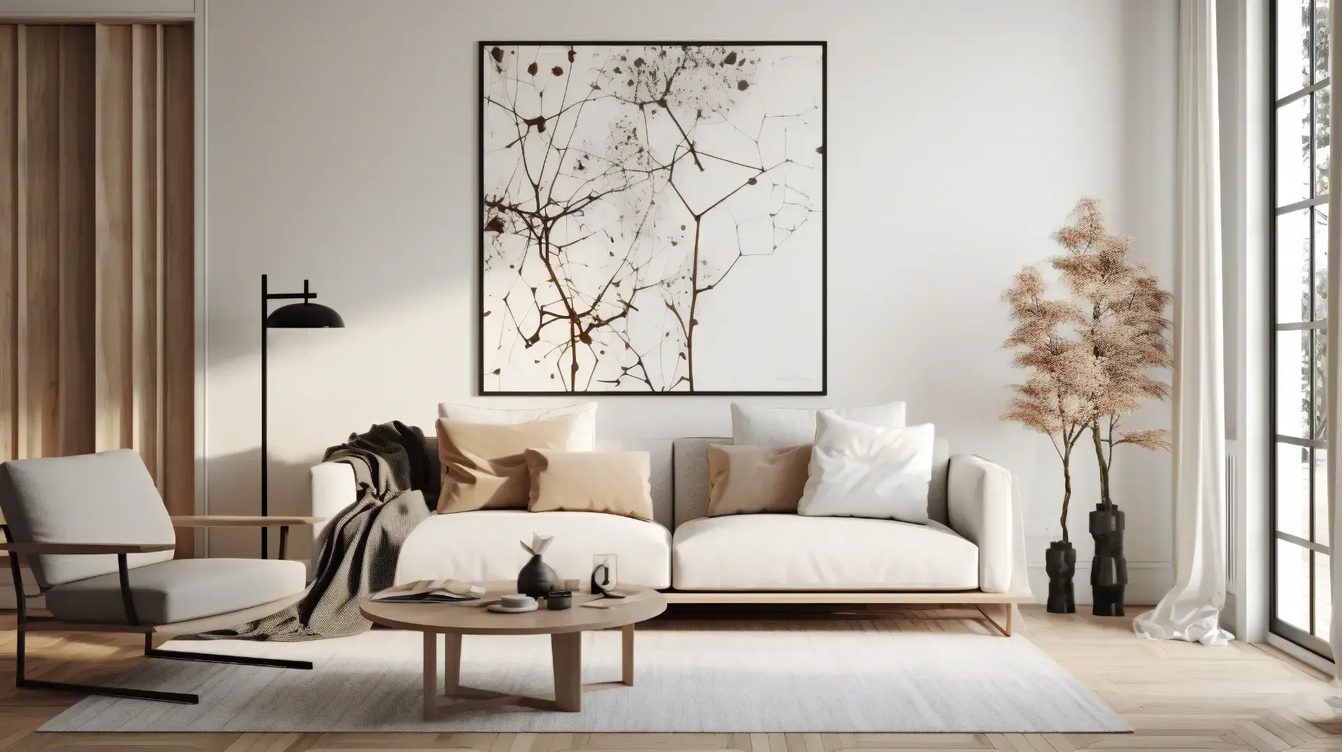 Ein Wohnzimmer mit Sofa, Sessel, Couchtisch und Gemälde an der Wand.