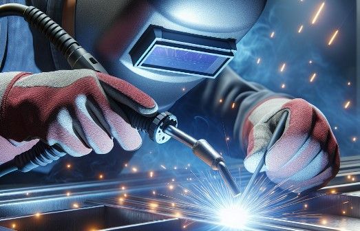 Un soldador, con máscara y guantes protectores, utiliza un soplete de soldadura sobre metal, generando chispas brillantes.