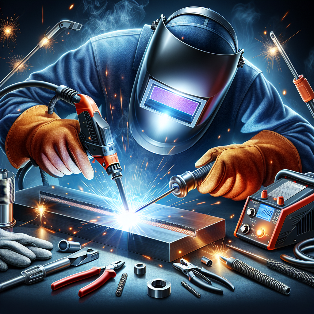 Un soldador con equipo de protección utiliza un soplete para unir metal, rodeado de herramientas.