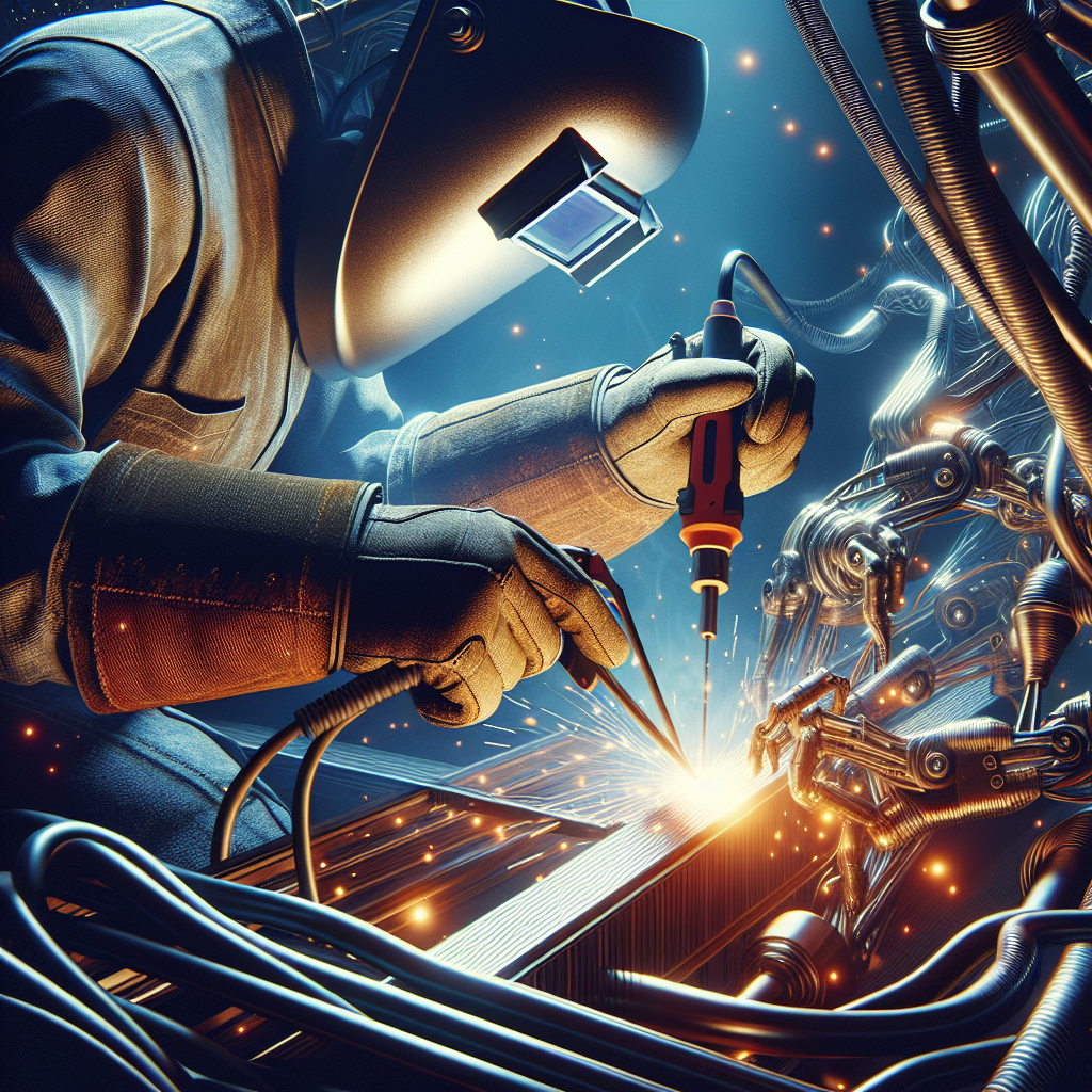 Un soldador con equipo de protección utiliza una herramienta para unir componentes metálicos.