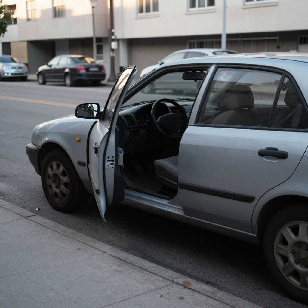 Un hatchback plateado estacionado junto a la acera con la puerta del conductor abierta, dejando ver el asiento delantero y el volante.