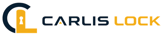 Logotipo de Carlis Lock con un icono de candado dorado y texto negro y dorado sobre un fondo blanco.