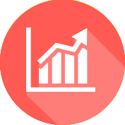 Un gráfico de barras blancas con una flecha que apunta hacia arriba dentro de un círculo color salmón, con un efecto de sombra alargada.