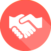 Un icono blanco de un apretón de manos centrado sobre un fondo circular de color coral.