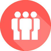 Un icono blanco de tres personas de pie juntas, centrado dentro de un círculo de color coral con una sombra diagonal proyectada.